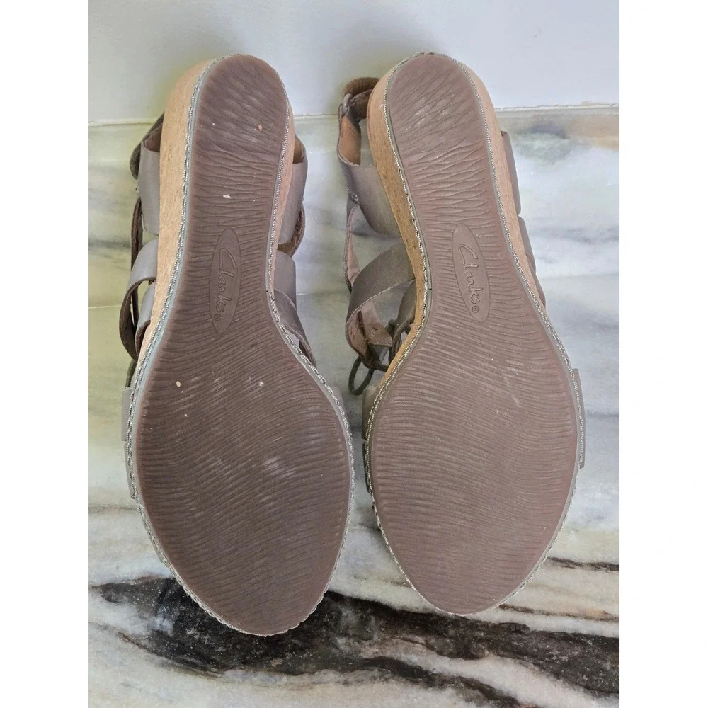 Clarks‎ Collection Taupe Leather Strappy Cork Wedge Sandals 9.5M